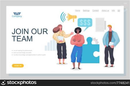 Landing page template Join our team business concept. Group of business people in workflow. Business partnership relation concept. Business conversation and professionals communication flat design. Landing page template Join our team business concept. Group of business people in workflow