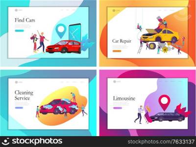 Landing page template mobile city transportation, online limousine, car sharing with family character and smartphone. People characters and automobile repair service, cleaning vehicle. Car wash. Landing page template mobile city transportation, online limousine, car sharing with family character and smartphone. People characters and automobile repair service, cleaning vehicle