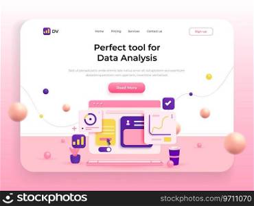 Landing page template of Data Analysis tool. Online marketing, financial report chart, data analysis concept. Modern 3D design concept of web page design for website and mobile website. Easy to edit and customize. Vector illustration