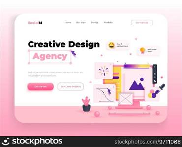 Landing page template of Design Agency. Web UI-UX design, web development concept. Modern 3D design concept of web page design for website and mobile website. Easy to edit and customize. Vector illustration