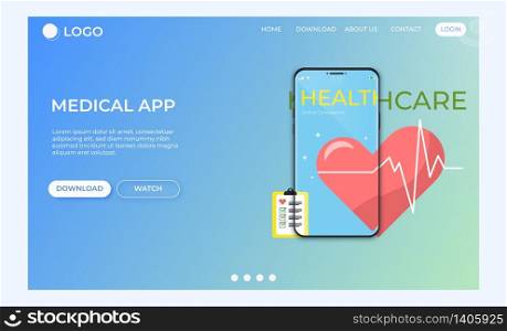 Landing page template of medical health care. Online medical application Vector illustration