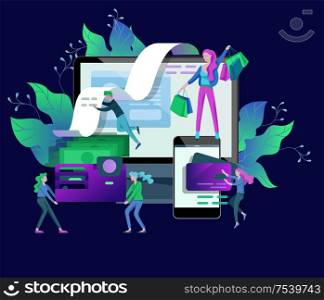 Landing page template of Online Shopping people and mobile payments. Vector illustration pos terminal confirms the payment using a smartphone, Mobile payment, online banking.. Landing page template of Online Shopping. Modern flat design concept of web page