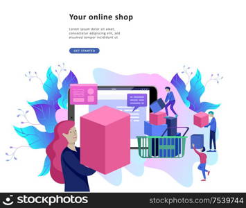 Landing page template of Online Shopping people and mobile payments. Vector illustration pos terminal confirms the payment using a smartphone, Mobile payment, online banking.. Landing page template of Online Shopping. Modern flat design concept of web page