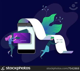 Landing page template of Online Shopping people and mobile payments. Vector illustration pos terminal confirms the payment using a smartphone, Mobile payment, online banking.. Landing page template of Online Shopping. Modern flat design concept of web page