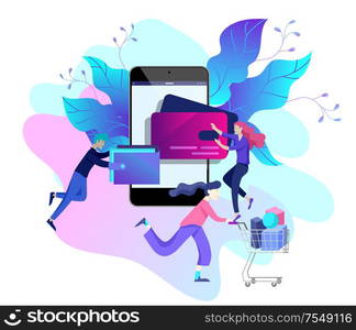 Landing page template of Online Shopping people and mobile payments. Vector illustration pos terminal confirms the payment using a smartphone, Mobile payment, online banking.. Landing page template of Online Shopping. Modern flat design concept of web page