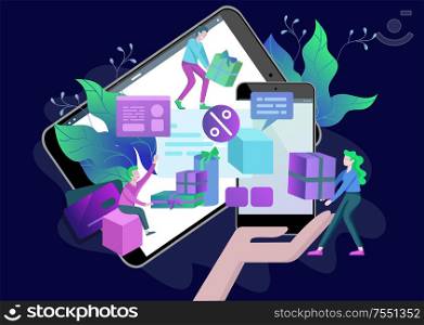 Landing page template of Online Shopping people and mobile payments. Vector illustration pos terminal confirms the payment using a smartphone, Mobile payment, online banking.. Landing page template of Online Shopping. Modern flat design concept of web page