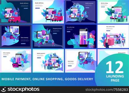 Landing page template of Online Shopping people and mobile payments. Vector illustration pos terminal confirms the payment using a smartphone, Mobile payment, online banking.. Landing page template of Online Shopping people and mobile payments. Vector illustration pos terminal confirms the payment using a smartphone