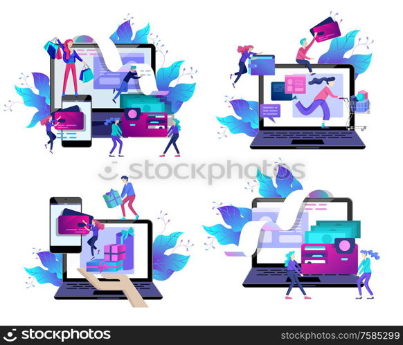 Landing page template of Online Shopping people and mobile payments. Vector illustration pos terminal confirms the payment using a smartphone, Mobile payment, online banking.. Landing page template of Online Shopping people and mobile payments. Vector illustration pos terminal confirms the payment using a smartphone, Mobile payment