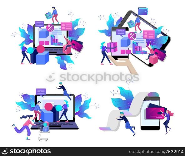 Landing page template of Online Shopping people and mobile payments. Vector illustration pos terminal confirms the payment using a smartphone, Mobile payment, online banking.. Landing page template of Online Shopping people and mobile payments. Vector illustration pos terminal confirms the payment using a smartphone, Mobile payment