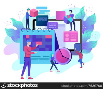 Landing page template of planning timework management people. Businnes Start Up Concept. Income and Success. Workers are studying the infographic, the analysis of evolutionary scale. Vector Business. Landing page template of planning timework management people. Businnes Start Up Concept