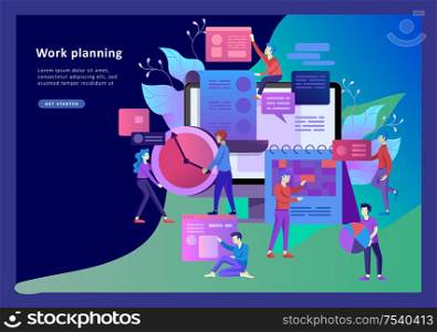 Landing page template of planning timework management people. Businnes Start Up Concept. Income and Success. Workers are studying the infographic, the analysis of evolutionary scale. Vector Business. Landing page template of planning timework management people. Businnes Start Up Concept