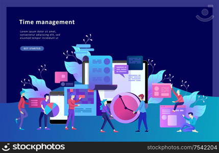 Landing page template of planning timework management people. Businnes Start Up Concept. Income and Success. Workers are studying the infographic, the analysis of evolutionary scale. Vector Business. Landing page template of planning timework management people. Businnes Start Up Concept