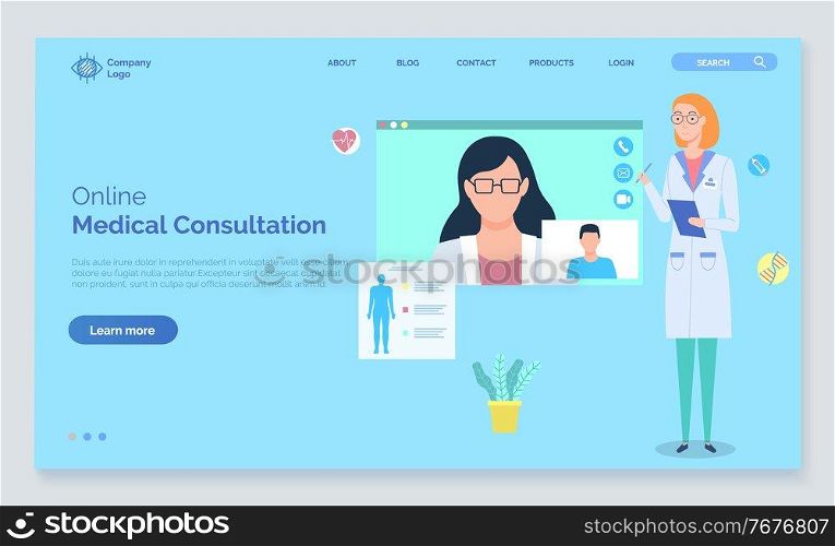 Landing page template online medical consultation with doctor concept. Medical application on computer for remote communication between a doctor and a patient. Medic woman talking to a colleague. Online medical consultation with doctor concept vector illustration, medical application on computer
