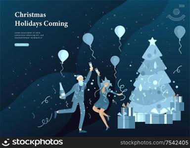 Landing page template or card winter Holidays corporate Party. Merry Christmas and Happy New Year Website with People Characters. Company of young friends or colleagues celebrates on Urban landscape. Landing page template or card winter Holidays corporate Party. Merry Christmas and Happy New Year Website with People Characters. Company of young friends or colleagues celebrates