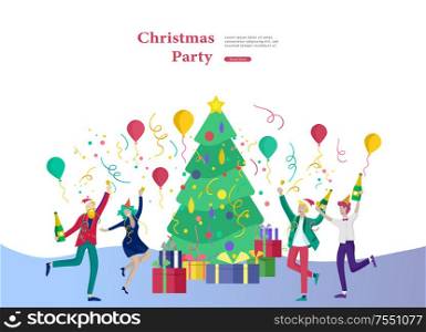 Landing page template or card winter Holidays corporate Party. Merry Christmas and Happy New Year Website with People Characters. Company of young friends or colleagues celebrates. Landing page template or card winter Holidays corporate Party. Merry Christmas and Happy New Year with People Characters. Company of young friends or colleagues celebrates