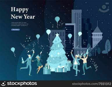 Landing page template or card winter Holidays corporate Party. Merry Christmas and Happy New Year Website with People Characters. Company of young friends or colleagues celebrates on Urban landscape. Landing page template or card winter Holidays corporate Party. Merry Christmas and Happy New Year Website with People Characters. Company of young friends or colleagues celebrates