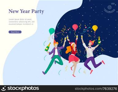 Landing page template or card winter Holidays corporate Party. Merry Christmas and Happy New Year Website with People Characters. Company of young friends or colleagues celebrates. Landing page template or card winter Holidays corporate Party. Merry Christmas and Happy New Year with People Characters. Company of young friends or colleagues celebrates
