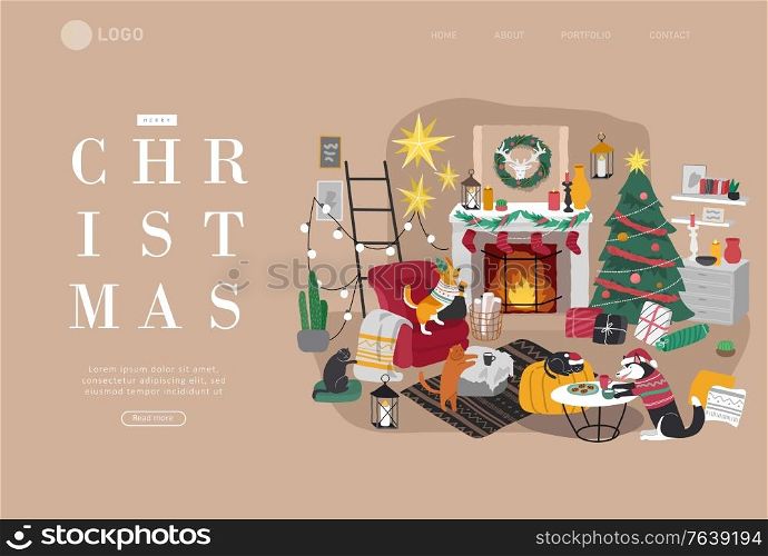 Landing page template or Card with Christmas home decorations with pets. Scandinavian interior with cat, dog dressed in costumes. Illustration and New year typography in Hygge style. Landing page template or Card with Christmas home decorations with pets. Scandinavian interior with cat, dog dressed in costumes. Illustration and New year typography in Hygge