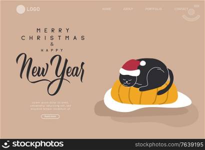 Landing page template or Card with Christmas home decorations with pets. Scandinavian interior with cat, dog dressed in costumes. Illustration and New year typography in Hygge style. Landing page template or Card with Christmas home decorations with pets. Scandinavian interior with cat, dog dressed in costumes. Illustration and New year typography in Hygge