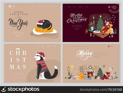 Landing page template or Card with Christmas home decorations with Santa Claus and pets. Scandinavian interior with cat, dog dressed in costumes. Illustration and New year typography in Hygge style. Landing page template or Card with Christmas home decorations with Santa Claus and pets. Scandinavian interior with cat, dog dressed in costumes. Illustration and New year typography in Hygge