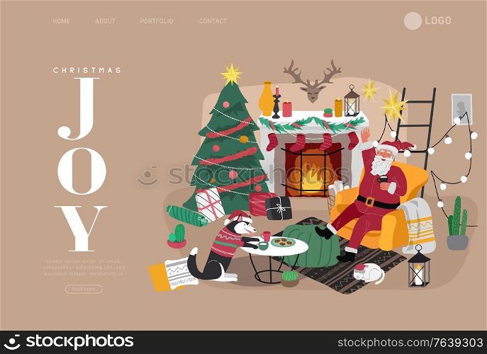 Landing page template or Card with Christmas home decorations with Santa Claus and pets. Scandinavian interior with cat, dog dressed in costumes. Illustration and New year typography in Hygge style. Landing page template or Card with Christmas home decorations with Santa Claus and pets. Scandinavian interior with cat, dog dressed in costumes. Illustration and New year typography in Hygge