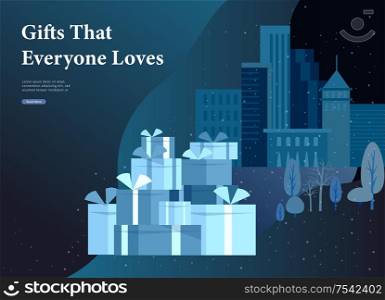 Landing page template or greeting card winter Holidays. Merry Christmas and Happy New Year Website with Christmas gift on background Urban winter snowy park landscape. Landing page template or greeting card winter Holidays. Merry Christmas and Happy New Year Website with Christmas gift on background Urban winter snowy park