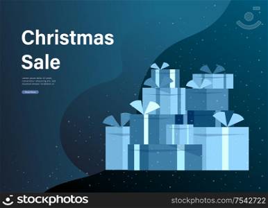 Landing page template or greeting card winter Holidays. Merry Christmas and Happy New Year Website with Christmas gift on background Urban winter snowy. Landing page template or greeting card winter Holidays. Merry Christmas and Happy New Year with Christmas gift on background Urban winter snowy