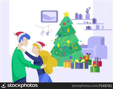Landing page template or greeting card winter Holidays. Merry Christmas and Happy New Year Website with People Characters happy romantic couple in love hugging on on interior living room. Landing page template or greeting card winter Holidays. Merry Christmas and Happy New Year Website with People Characters happy romantic couple in love hugging