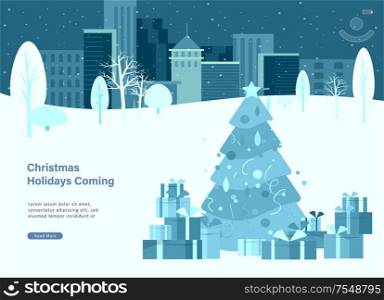 Landing page template or greeting card winter Holidays. Merry Christmas and Happy New Year Website with Christmas tree and gift on background Urban winter snowy park landscape. Christmas and Happy New Year Website with Christmas tree and gift on background Urban winter snowy park