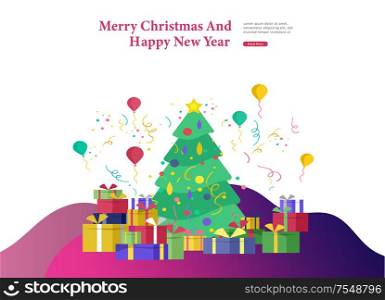 Landing page template or greeting card winter Holidays. Merry Christmas and Happy New Year Website with Christmas tree and gift on backgro. Christmas and Happy New Year Website with Christmas tree and gift on background Urban winter snowy park
