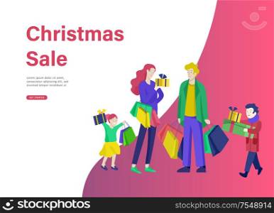 Landing page template or greeting card winter Holidays. Merry Christmas and Happy New Year Website with People Characters preparing for celebrating. Happy family buying presents, with purchases. Landing page template or greeting card winter Holidays. Merry Christmas and Happy New Year Website with People Characters preparing for celebrating