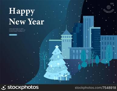 Landing page template or greeting card winter Holidays. Merry Christmas and Happy New Year Website with Christmas tree and gift on background Urban winter snowy park landscape. Christmas and Happy New Year Website with Christmas tree and gift on background Urban winter snowy park