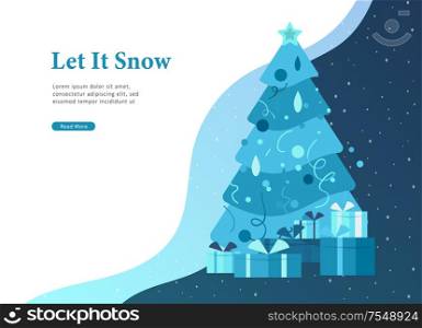Landing page template or greeting card winter Holidays. Merry Christmas and Happy New Year Website with Christmas tree and gift on background winter snowy. Christmas and Happy New Year Website with Christmas tree and gift on background Urban winter snowy park