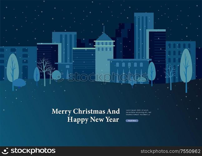 Landing page template or greeting card winter Holidays. Merry Christmas and Happy New Year Website with background Urban winter snowy park landscape. Christmas and Happy New Year Website with Christmas tree and gift on background Urban winter snowy park