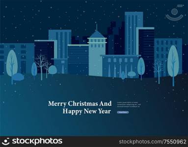 Landing page template or greeting card winter Holidays. Merry Christmas and Happy New Year Website with background Urban winter snowy park landscape. Christmas and Happy New Year Website with Christmas tree and gift on background Urban winter snowy park