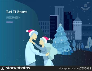 Landing page template or greeting card winter Holidays. Merry Christmas and Happy New Year Website with People Characters happy romantic couple in love hugging on Urban snowy landscape background. Landing page template or greeting card winter Holidays. Merry Christmas and Happy New Year Website with People Characters happy romantic couple in love hugging on Urban snowy landscape