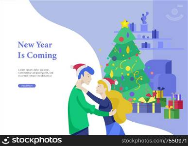 Landing page template or greeting card winter Holidays. Merry Christmas and Happy New Year Website with People Characters happy romantic couple in love hugging on home interior living room background. Landing page template or greeting card winter Holidays. Merry Christmas and Happy New Year Website with People Characters happy romantic couple in love hugging on Urban snowy landscape