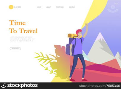 landing page template. People characters woman for hiking and trekking, holiday travel vector, hiker and tourism illustration. Happy Tourists travelling. Vector cartoon style illustration. landing page template. People characters woman for hiking and trekking, holiday travel vector, hiker and tourism illustration. Happy Tourists travelling. Vector cartoon style