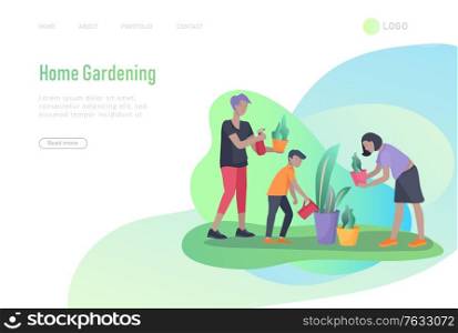 landing page template people home cleaning and gardening, man and woman water flower. Vector illustration cartoon style. landing page template people home cleaning, washing dishes, fold clothes, cleaning window, carpet and floor, wipe dust, water flower. Vector illustration cartoon