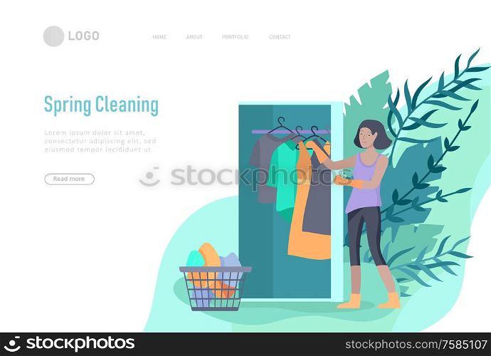 landing page template people home cleaning, clean the house, washing clothes iand putting things in the wardrobe or closet. Vector illustration of cartoon style. landing page template people home cleaning, washing dishes, fold clothes, cleaning window, carpet and floor, wipe dust, water flower. Vector illustration cartoon
