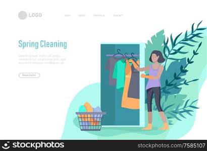 landing page template people home cleaning, clean the house, washing clothes iand putting things in the wardrobe or closet. Vector illustration of cartoon style. landing page template people home cleaning, washing dishes, fold clothes, cleaning window, carpet and floor, wipe dust, water flower. Vector illustration cartoon