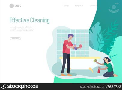 landing page template people home cleaning, couple man and woman cleaning bathroom, carpet and floor, wipe dust. Vector illustration cartoon style. landing page template people home cleaning, couple man and woman cleaning bathroom, carpet and floor, wipe dust. Vector illustration cartoon
