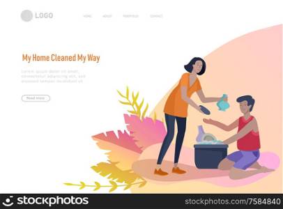 landing page template people home cleaning, home cleaning, washing dishes, wipe dust, water flower. Vector illustration cartoon style. landing page template people home cleaning, home cleaning, washing dishes, wipe dust, water flower. Vector illustration cartoon