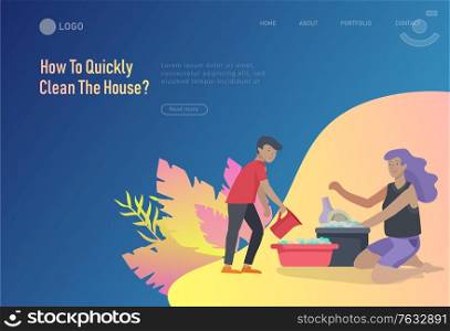 landing page template people home cleaning, home cleaning, washing dishes, wipe dust, water flower. Vector illustration cartoon style. landing page template people home cleaning, home cleaning, washing dishes, wipe dust, water flower. Vector illustration cartoon