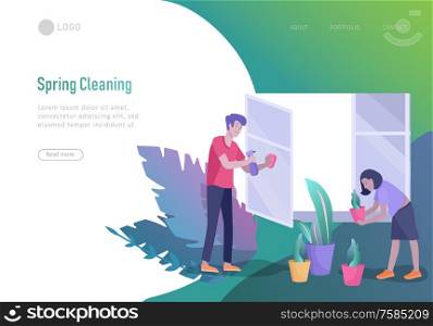landing page template people home cleaning, washing and cleaning window, wipe dust, water flower. Vector illustration cartoon style. landing page template people home cleaning, washing dishes, fold clothes, cleaning window, carpet and floor, wipe dust, water flower. Vector illustration cartoon