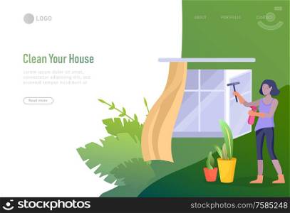 landing page template people home cleaning, washing and cleaning window, wipe dust, water flower. Vector illustration cartoon style. landing page template people home cleaning, washing dishes, fold clothes, cleaning window, carpet and floor, wipe dust, water flower. Vector illustration cartoon