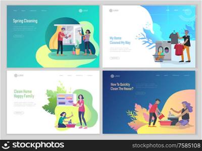 landing page template people home cleaning, washing dishes, fold clothes, cleaning window, carpet and floor, wipe dust, water flower. Vector illustration cartoon style. landing page template people home cleaning, washing dishes, fold clothes, cleaning window, carpet and floor, wipe dust, water flower. Vector illustration cartoon