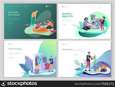 landing page template people home cleaning, washing dishes, fold clothes, cleaning window, carpet and floor, wipe dust, water flower. Vector illustration cartoon style. landing page template people home cleaning, washing dishes, fold clothes, cleaning window, carpet and floor, wipe dust, water flower. Vector illustration cartoon