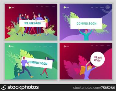 Landing page template people man and woman with banners, business app, cooming soon, we are open, start up and solution. Vector illustration concept website mobile development. Landing page template people with banners, business app, cooming soon, we are open, start up and solution. Vector illustration concept website mobile