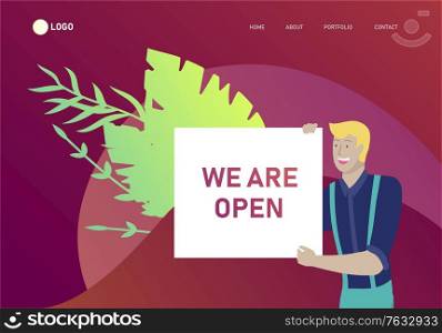 Landing page template people man and woman with banners, business app, cooming soon, we are open, start up and solution. Vector illustration concept website mobile development. Landing page template people with banners, business app, cooming soon, we are open, start up and solution. Vector illustration concept website mobile